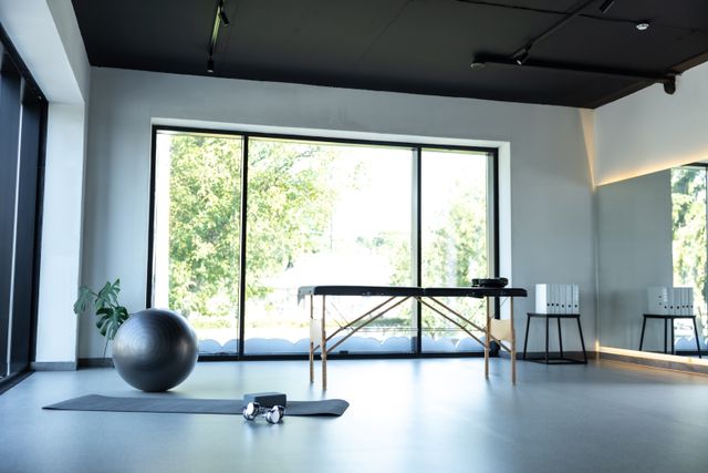 Rehabilitation studio with full-height windows and therapy equipment