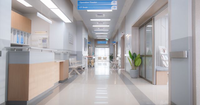 Hospital reception corridor with clear circulation and glazed treatment rooms