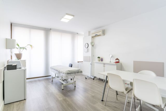 Bright consulting suite with examination bed and a separate discussion area