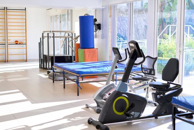 Rehabilitation studio with full-height glazing and accessible exercise zones