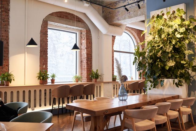Daylit restaurant with timber furniture, indoor plants and neutral upholstered seating