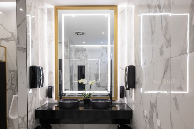 Hospitality washroom with marble wall cladding, illuminated mirrors and paired vessel basins