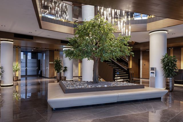 Hotel atrium with a central indoor tree, sculptural pendant lighting and curved seating