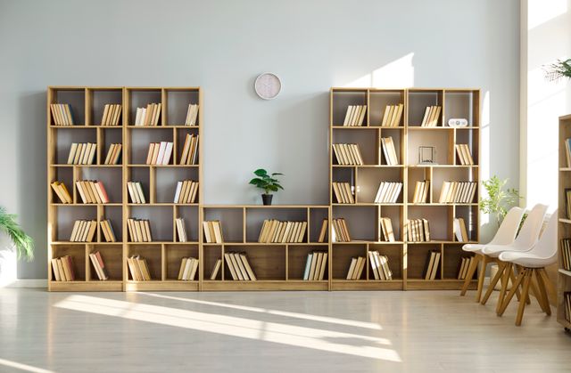 Daylit reading area with open timber bookshelves and informal seating