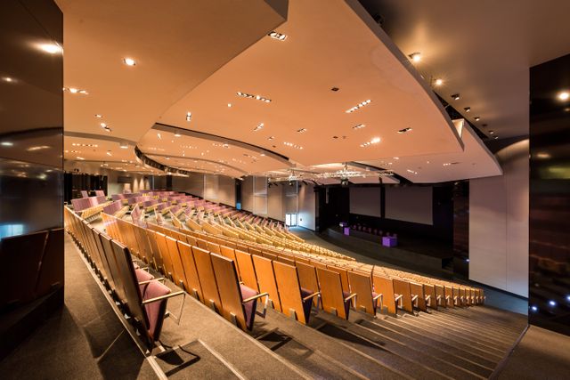 Large lecture theatre with sculpted ceiling panels and integrated lighting