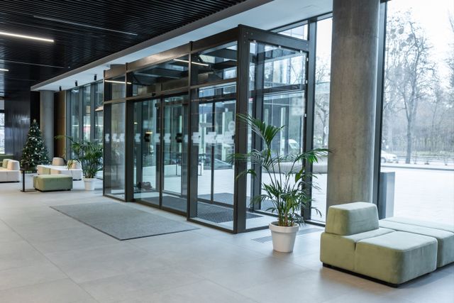 Glass office entrance with lounge seating, plants and a dark slatted ceiling.