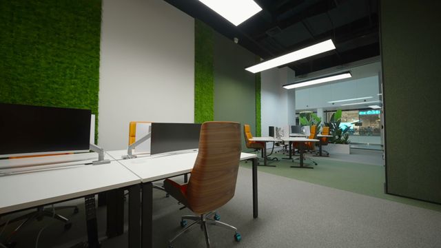 Open office with desk partitions, adjustable chairs and a green feature wall.