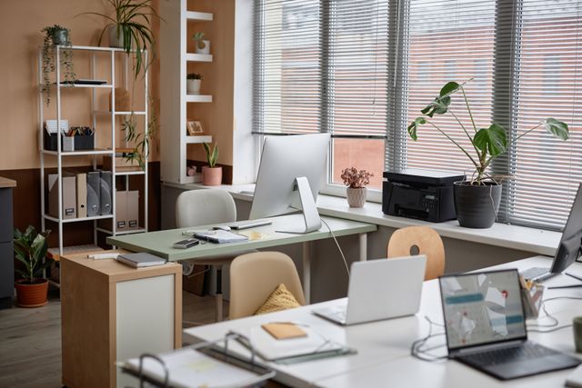 Small shared office with light desks, desktop monitors, open shelves, plants and window blinds.