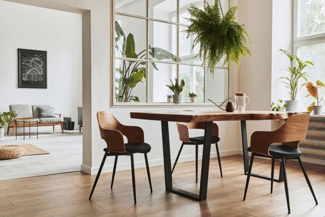 Wooden dining table and upholstered chairs beside large windows and hanging plants.