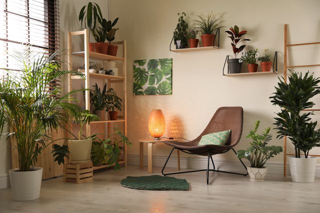 Woven lounge chair, warm lamp and small green rug surrounded by houseplants and timber shelving.
