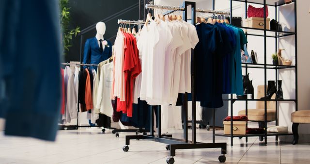 Boutique interior with open black display racks and neatly arranged clothing