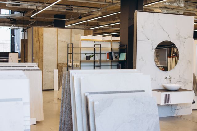 Tile and stone showroom with display partitions and linear ceiling lighting