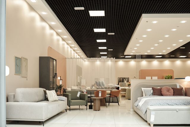 Spacious furniture showroom arranged with contemporary sofas, chairs and display settings