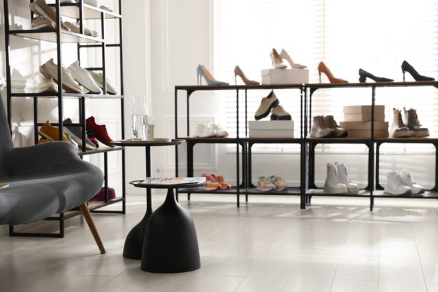 Footwear boutique with black shelving, display stools and seating near large windows
