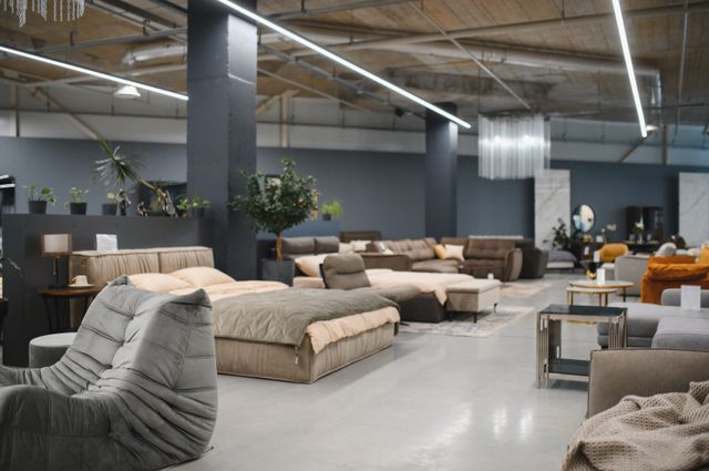 Large furniture showroom with display beds, sofas, black columns and linear lighting