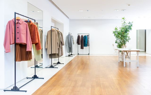 Bright apparel showroom with timber flooring, clothing rails and a display table