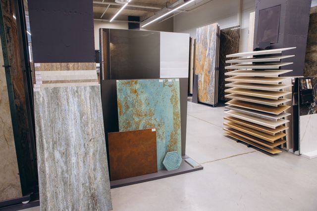 Material showroom with upright stone and tile panels, sample racks and linear lighting