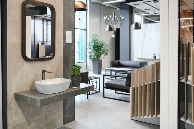 Sanitaryware showroom with vanity display, material partitions and a seating lounge