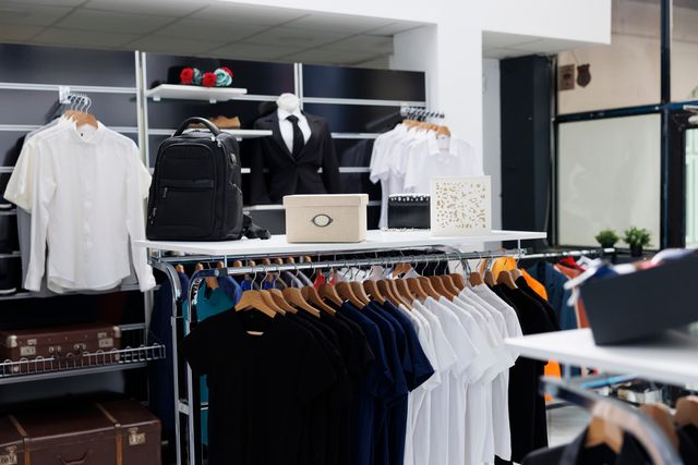 Shop rails and shelving arranged with shirts, jackets, bags and accessories in a black-and-white display.
