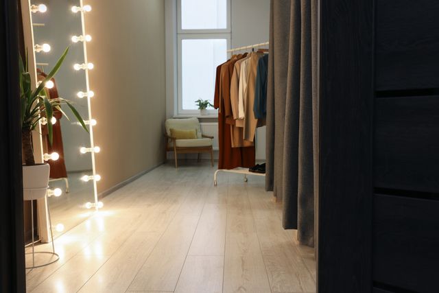 Fitting area with an illuminated full-height mirror, privacy curtain, clothes rail and pale timber floor.