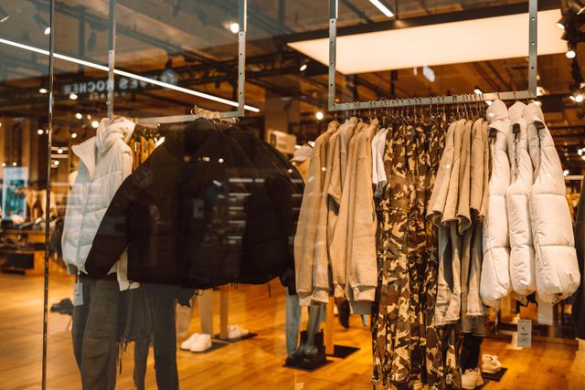 Clothing rails displayed behind a glass partition with warm timber flooring and overhead track lighting.