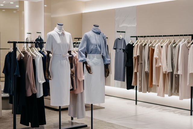 Two mannequins in pale outfits between black clothing rails against softly lit neutral shop walls.