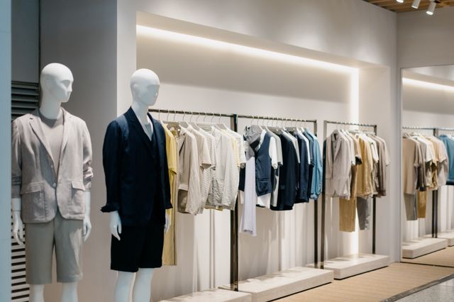 Clothing rails and mannequins arranged beneath a softly illuminated wall recess in a neutral boutique.