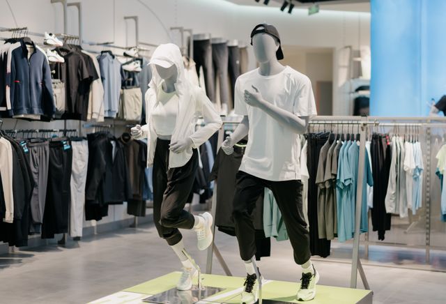 Two sportswear mannequins on a low display platform surrounded by neatly arranged clothing rails.