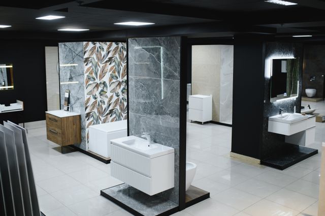 Sanitaryware showroom with freestanding display panels, patterned wall finishes, white basins and vanity units.