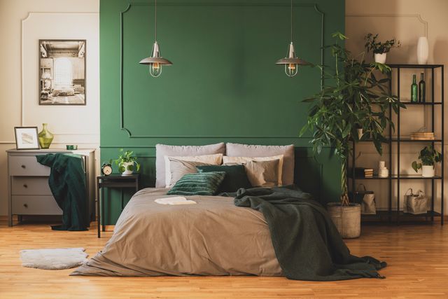 A bed with neutral linen stands against a green feature wall beside plants and open metal shelving.