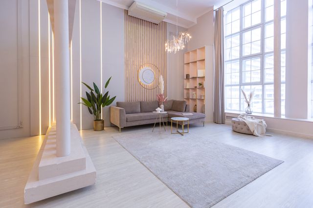 A grey sofa and gold-accented tables sit beside tall windows, pastel walls and decorative pendant lighting.