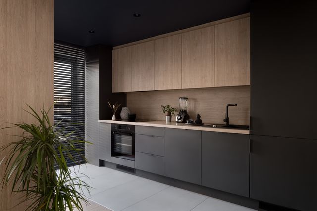 Dark lower cabinets and timber upper cupboards form a linear kitchen beside a window and an indoor plant.