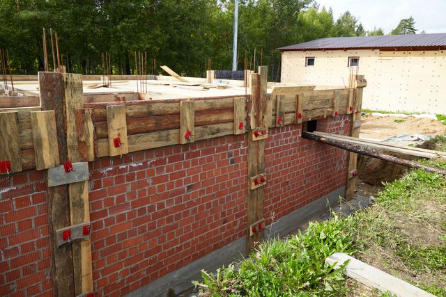 A red-brick foundation wall is surrounded by timber formwork, upright reinforcement bars and temporary supports.