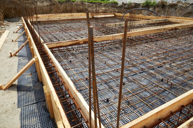 A steel reinforcement grid and vertical bars sit within timber formwork over a dark membrane at an excavated building site.