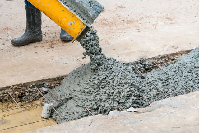 Wet concrete pours from a yellow chute onto a steel reinforcement grid, with a worker's boots visible behind the chute.