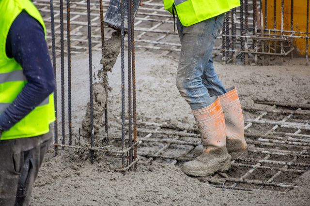 Workers wearing fluorescent vests and rubber boots stand beside a hose placing wet concrete around vertical reinforcing bars.