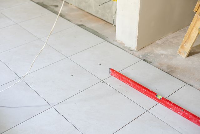 Pale floor tiles with small spacers lie beside an unfinished doorway, with a red spirit level resting across the tiled surface.