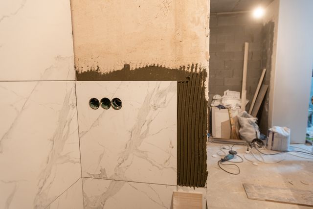 Marble-effect wall tiles surround three circular openings, with exposed ridged adhesive beside the unfinished tiled edge.
