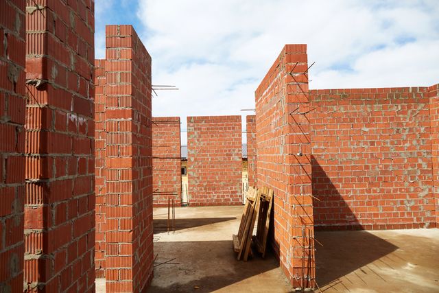 Unfinished red-brick walls and door openings form a roofless house interior, with reinforcing bars and timber pallets beside the walls.