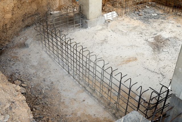 Low steel reinforcement cages trace an angled line around a prepared concrete surface beside a column base and excavated ground.