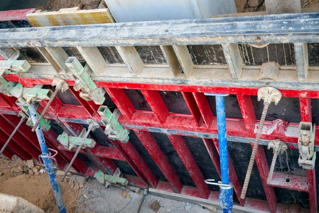 Red and dark formwork panels are held by metal ties, clamps and blue support props beside excavated ground.