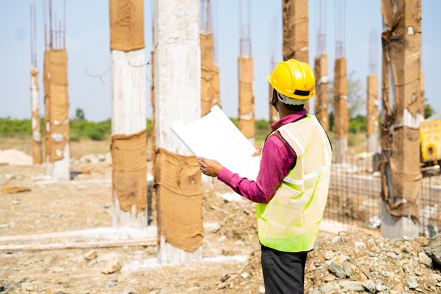 A person seen from behind holds rolled drawings at a construction site, wearing a yellow hard hat and reflective vest among unfinished concrete columns.