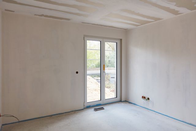 An empty room has skimmed walls, visible ceiling joints, unfinished electrical openings and glazed patio doors above a bare floor.