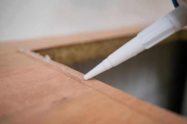 A white applicator nozzle lays a clear bead along the edge of a cut-out in a wood-look worktop.