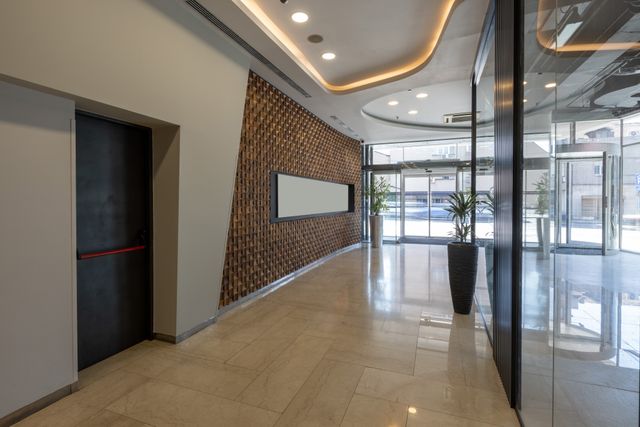A geometric feature wall and warm ceiling lighting lead toward glazed entrance doors beside a tall planter.