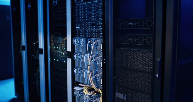 Dark equipment cabinets hold stacked servers and visible cables under blue lighting.