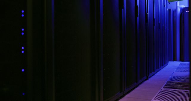 A row of dark equipment cabinets with blue indicator lights runs beside a narrow aisle with floor grilles.
