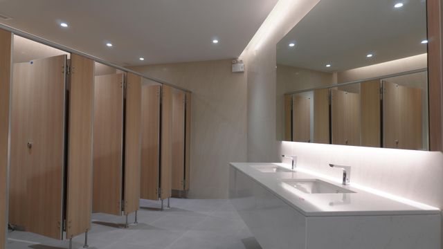 Two inset basins sit beneath a wide mirror opposite a row of light wood-tone toilet cubicles.