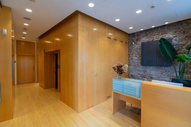 A wood-toned reception counter with a frosted glass section sits against a textured stone wall beside matching paneled doors.