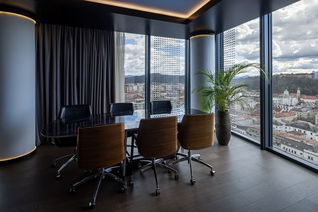 A dark meeting table and swivel chairs sit beside full-height corner windows, with a tall plant and city buildings outside.